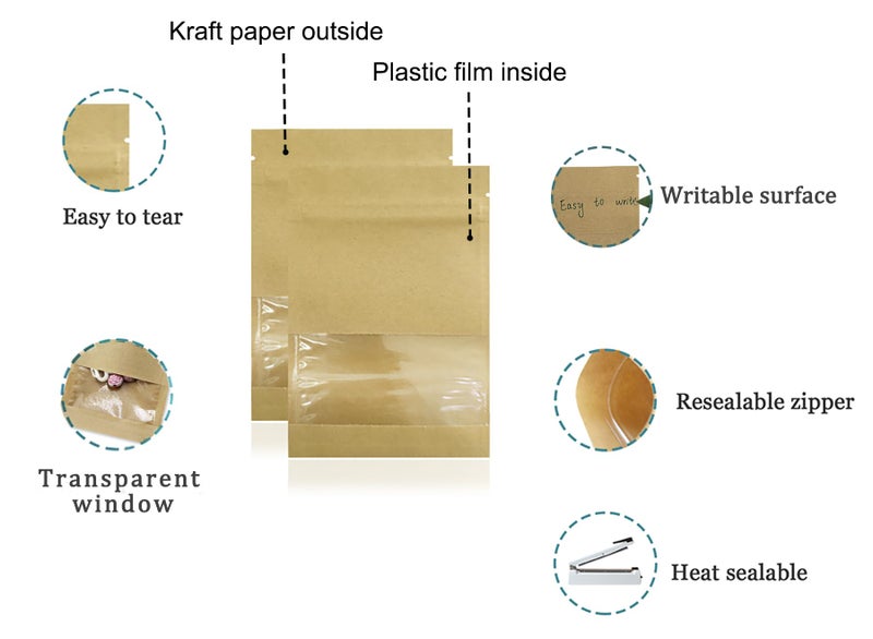 FERENLI 100 Pack 2.8x3.5 inch Small Resealable Seed Coin Envelopes Bags with Clear Window Brown Kraft Paper Heat Seal Packets for Flower Vegetable Seeds Storage Party Favor Pet Food Sample Bag - Image 2